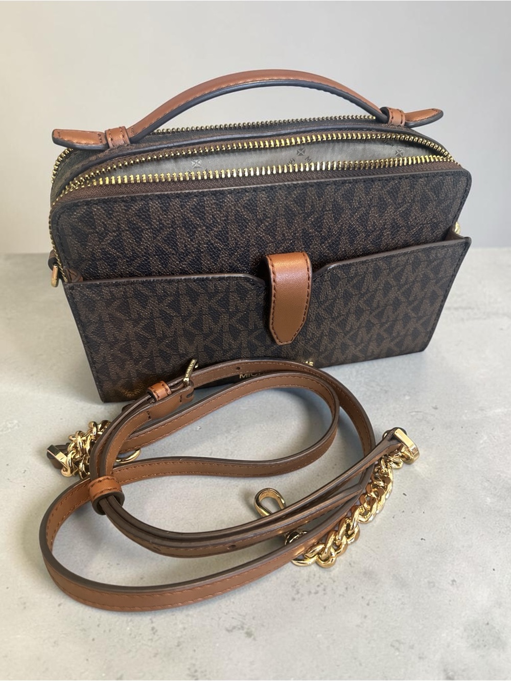 Michael Kors Brown Monogram Leather Top-Handle Wallet - Picture 8 of 12